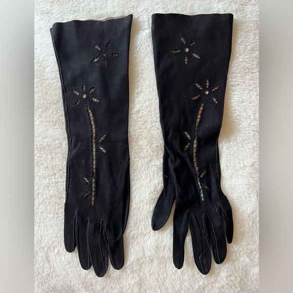 Accessories Long Black Suede Leather Cutout Gloves Vintage Poshmark